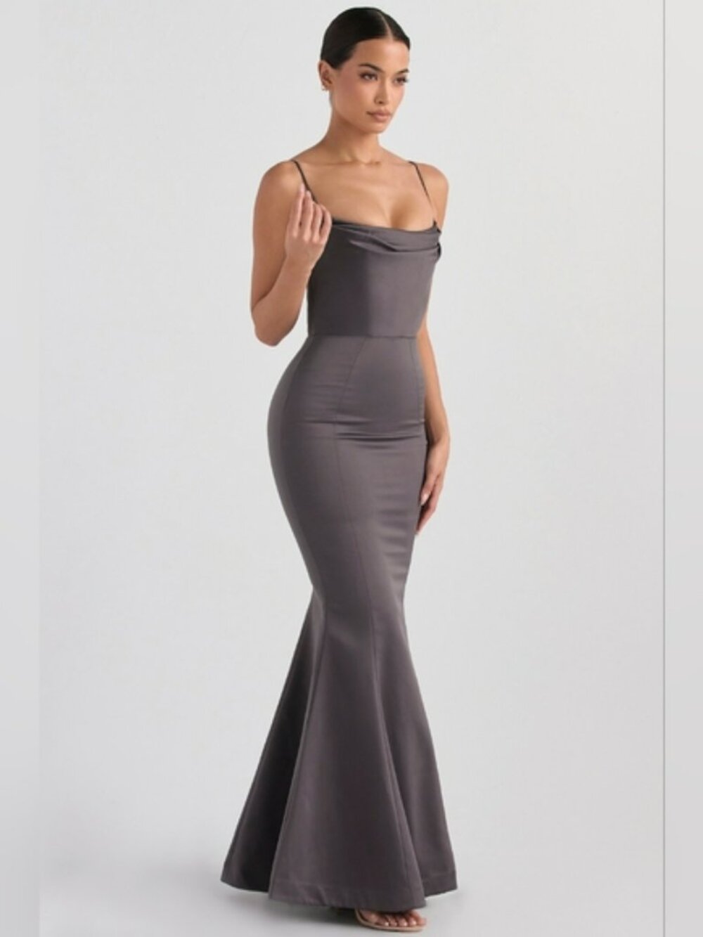 House Of CB Violette shadow Grey satin fishtail gown Mermaid Maxi Dress S NWT - Picture 2 of 7